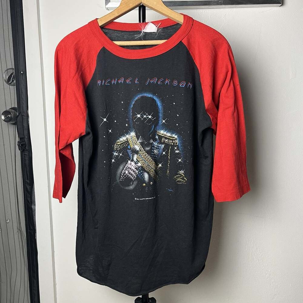 Vtg 1984 Michael Jackson Victory Tour Raglan Shirt Red Black 3/4 Sleeve adult M